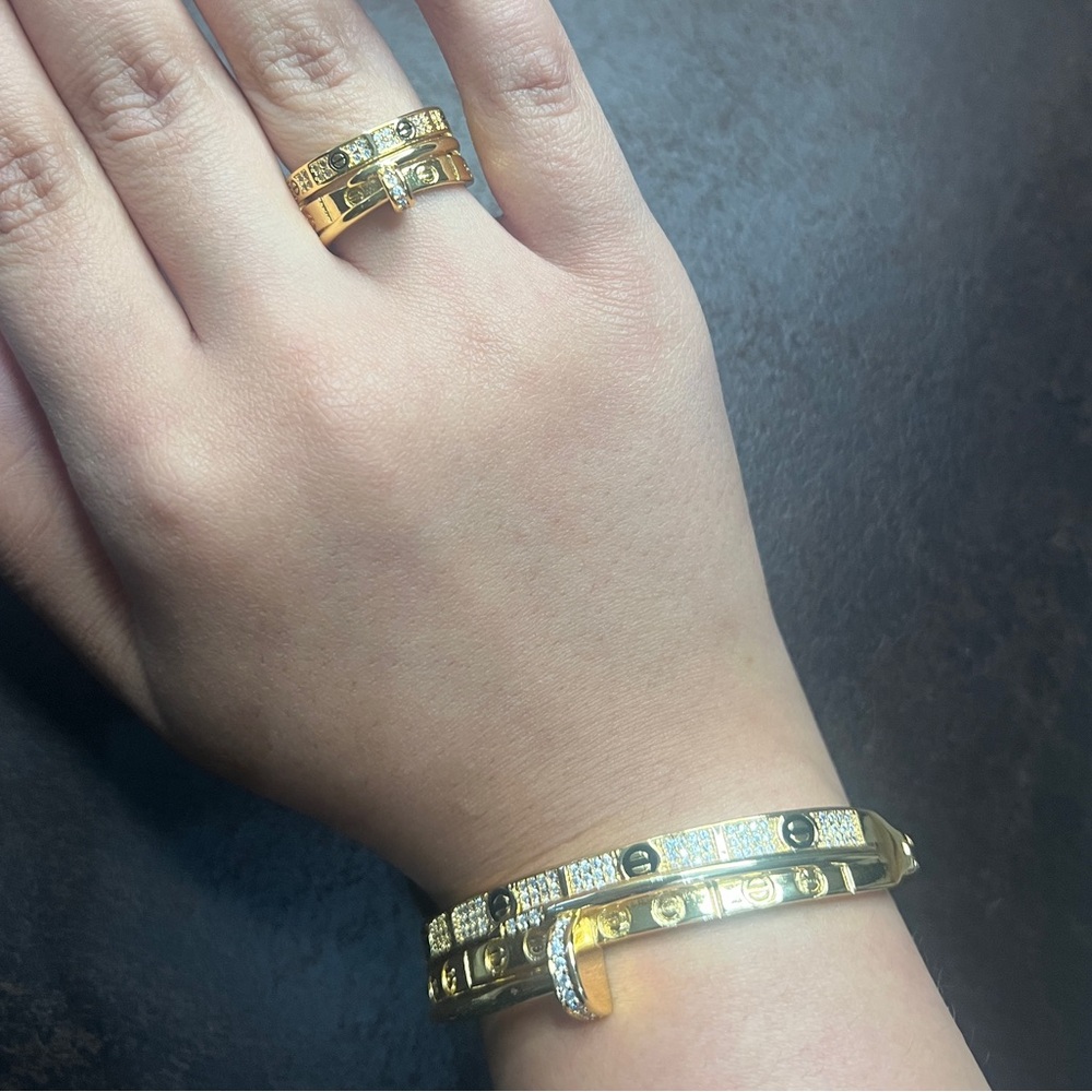 21K Gold Plated Nail Bracelet and Ring Set - Picture 4 of 8